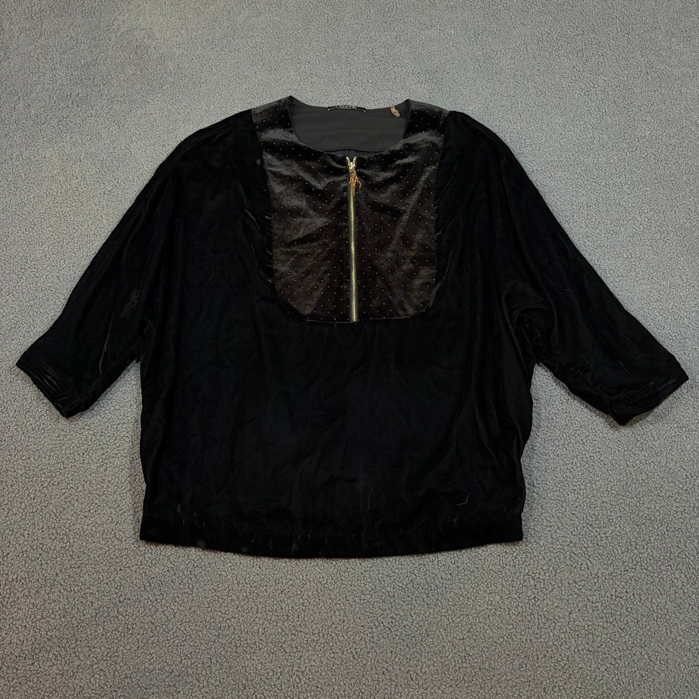 T Tahari Blouse Womens Small Black Velvet Studded Bib Dolman Sleeve Zip Top